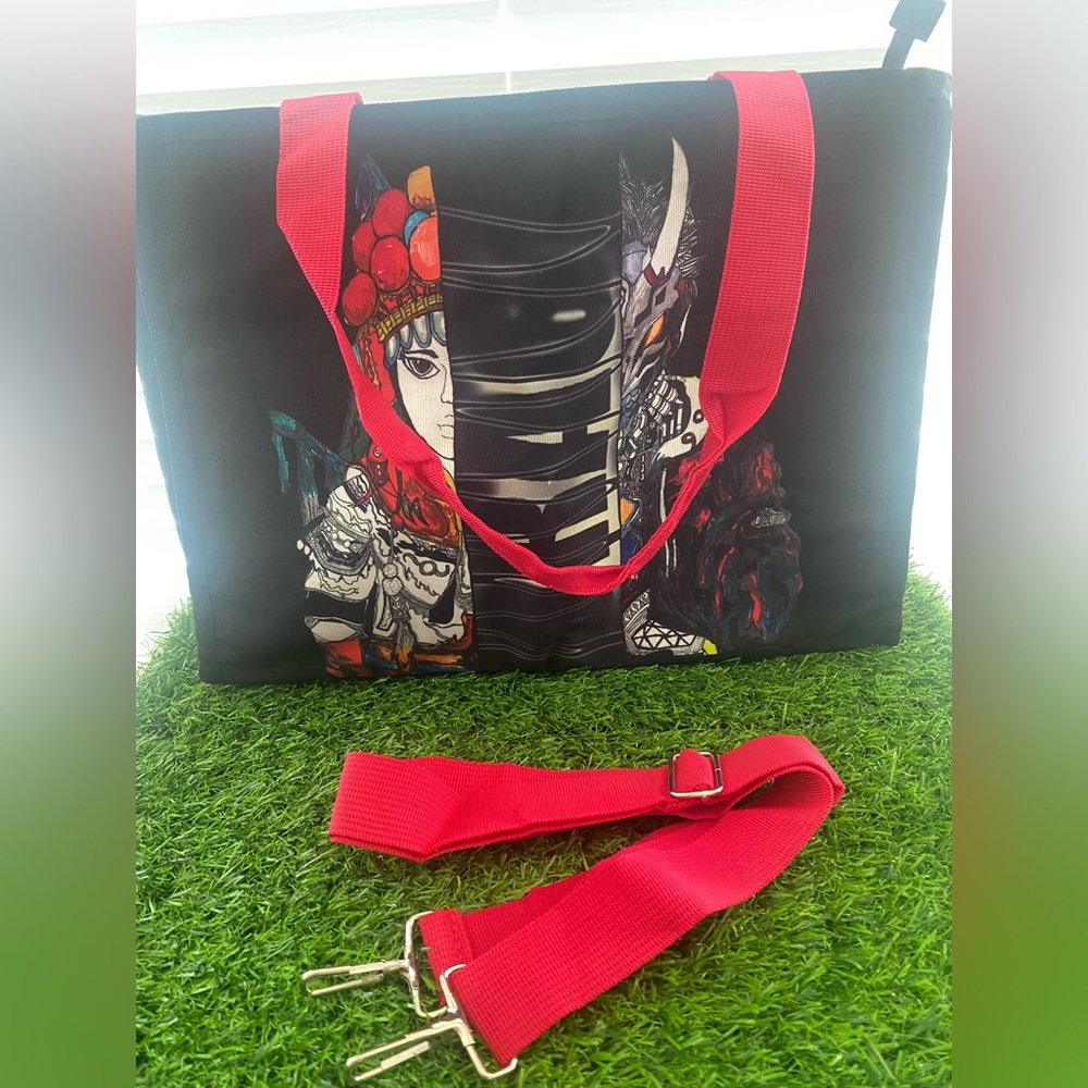 Unique Art Print Tote Bag Red Handle Zip Black Canvas NWOT Lightweight W Straps